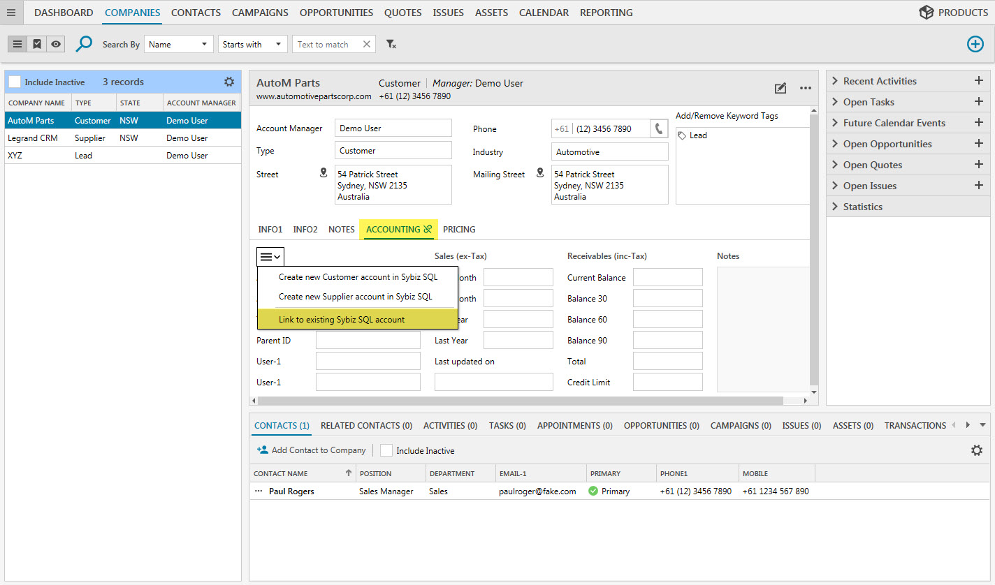 How to link a Legrand CRM Company to an existing Customer in Sybiz ...